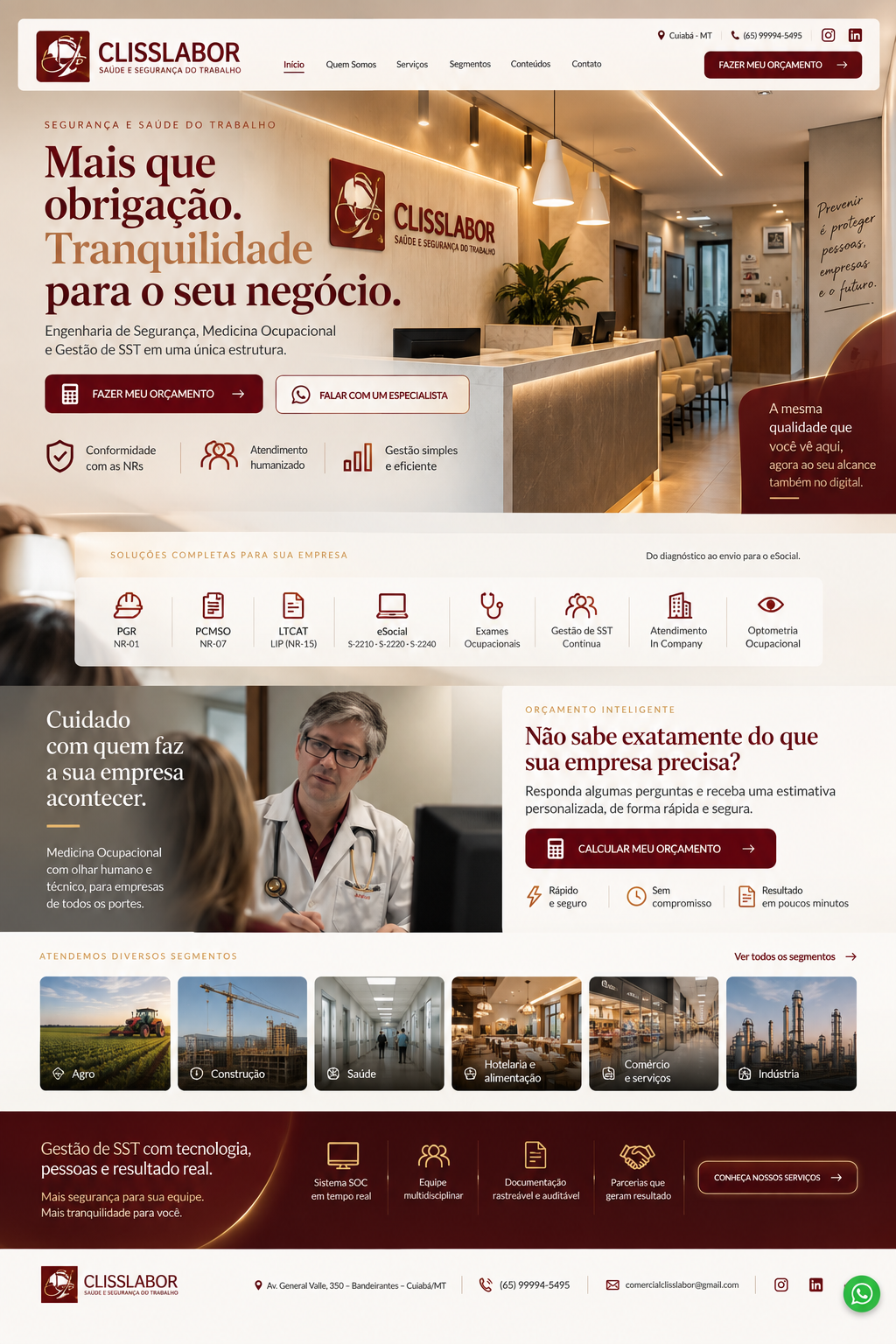 Homepage da CLISSLABOR com recepção da clínica, serviços de SST, orçamento inteligente, segmentos atendidos e contatos.